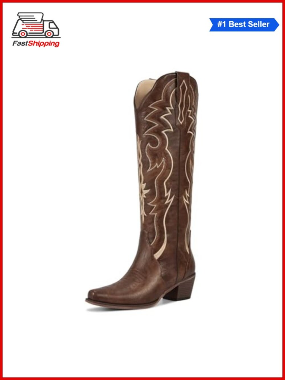 ✨ Cowboy Boots Women Knee High Western Embroidered Faux Leather Slip On Block